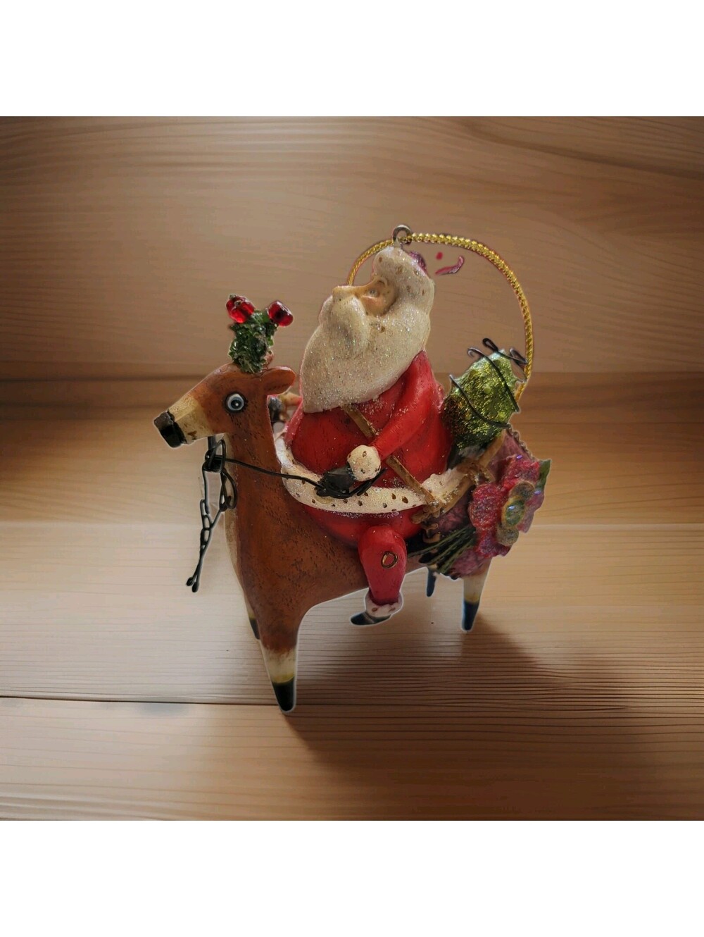 Vtg Resin Plastic Christmas Ornament EUC Santa Claus W Reindeer Moving Legs 4"A3